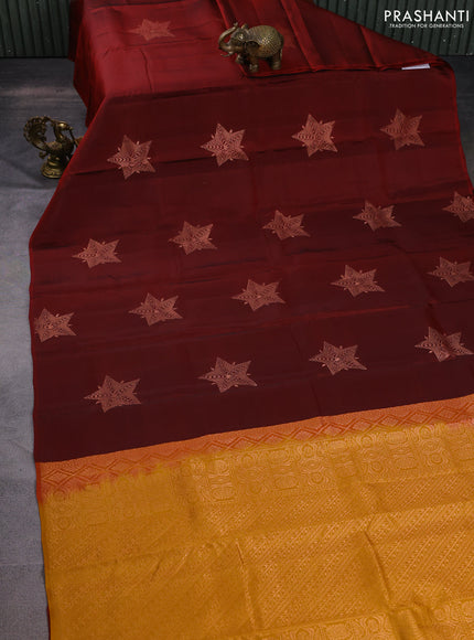 Kanchipuram silk saree maroon and dark mustard yellow with copper zari woven buttas in borderless style
