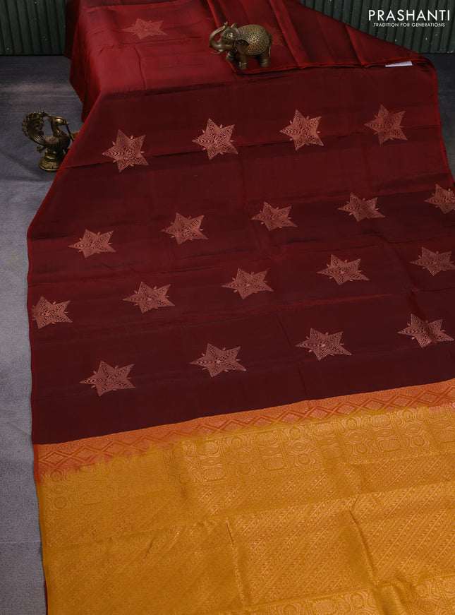 Kanchipuram silk saree maroon and dark mustard yellow with copper zari woven buttas in borderless style