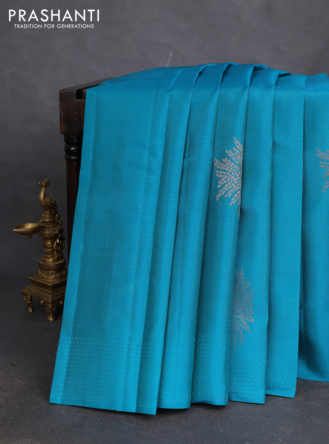 Kanchipuram silk saree cs blue and teal blue with allover self emboss & zari buttas in borderless style