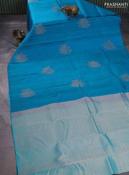 Kanchipuram silk saree cs blue and teal blue with allover self emboss & zari buttas in borderless style