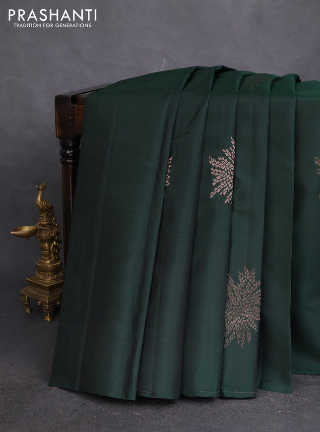 Kanchipuram silk saree bottle green and light pink with allover self emboss & zari buttas in borderless style