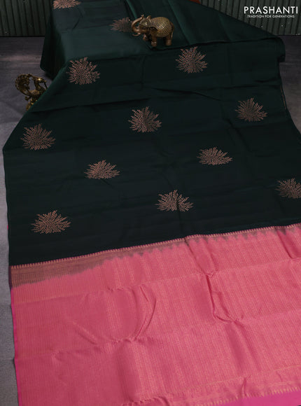 Kanchipuram silk saree bottle green and light pink with allover self emboss & zari buttas in borderless style