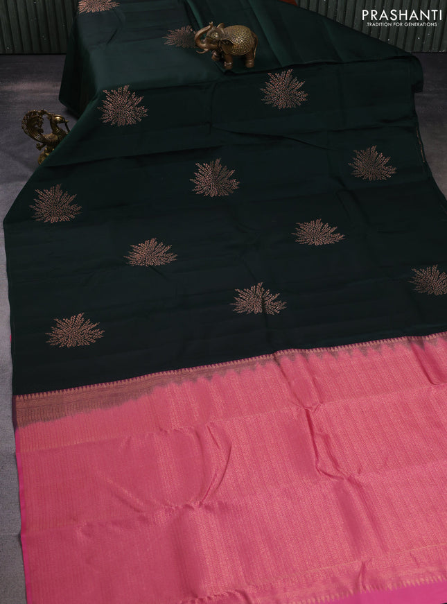 Kanchipuram silk saree bottle green and light pink with allover self emboss & zari buttas in borderless style