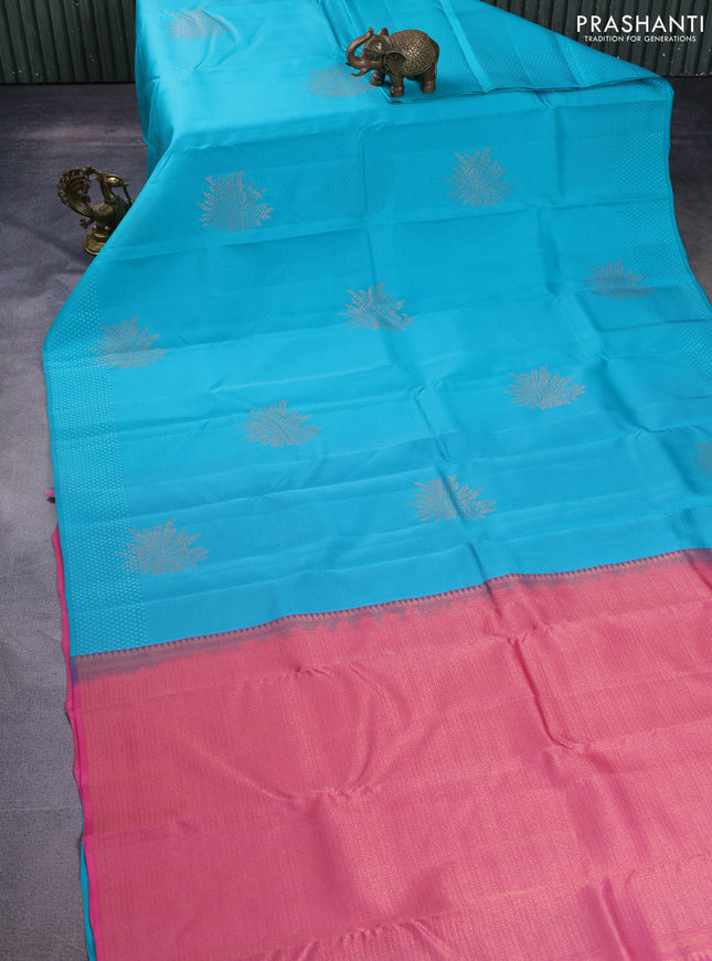 Kanchipuram silk saree teal blue and light pink with allover self emboss & zari buttas in borderless style