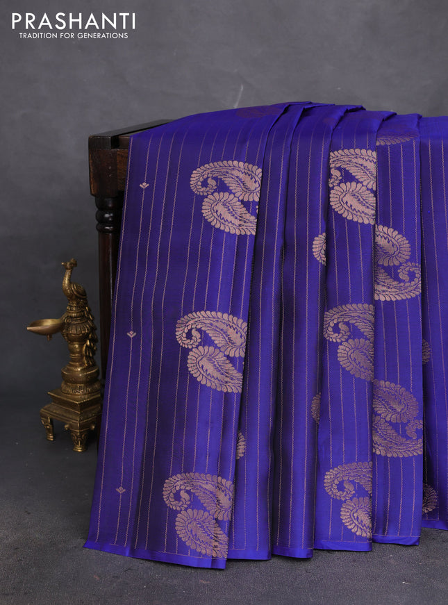 Kanchipuram silk saree blue and light pink with allover zari weaves in borderless style
