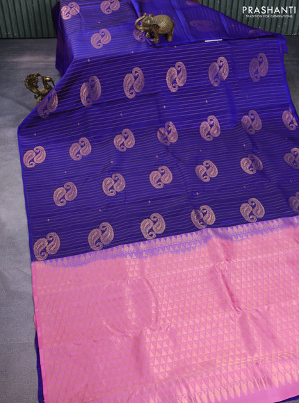 Kanchipuram silk saree blue and light pink with allover zari weaves in borderless style