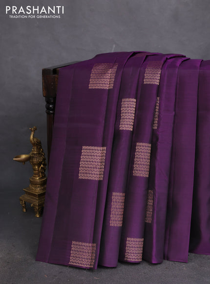 Kanchipuram silk saree purple and dual shade of pinkish orange with copper zari woven buttas in borderless style