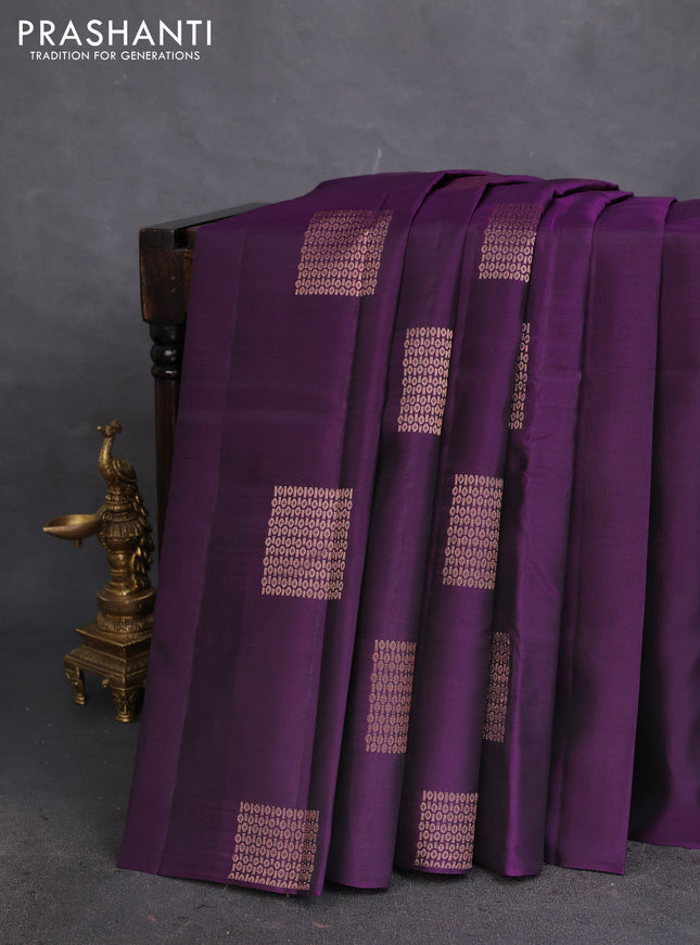 Kanchipuram silk saree purple and dual shade of pinkish orange with copper zari woven buttas in borderless style