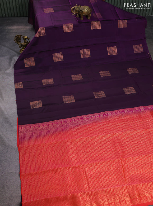 Kanchipuram silk saree purple and dual shade of pinkish orange with copper zari woven buttas in borderless style