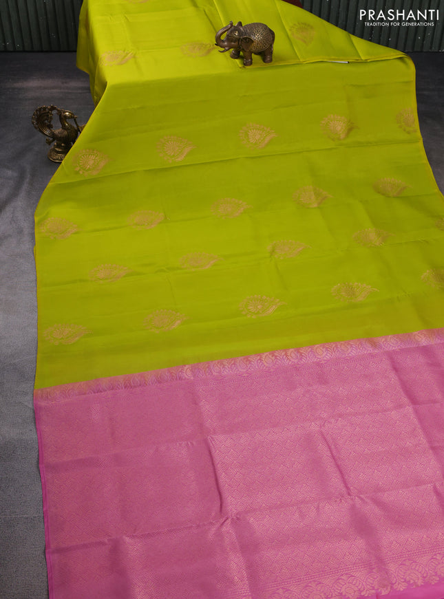 Kanchipuram silk saree lime yellow and light pink with copper zari woven buttas in borderless style