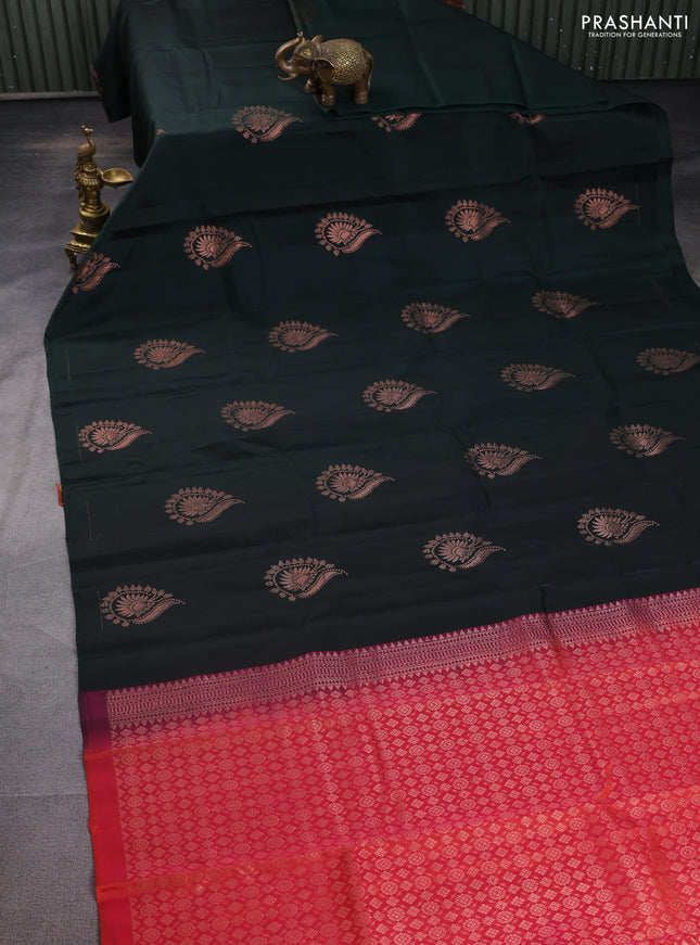 Kanchipuram silk saree bottle green and pinkish orange with copper zari woven buttas in borderless style