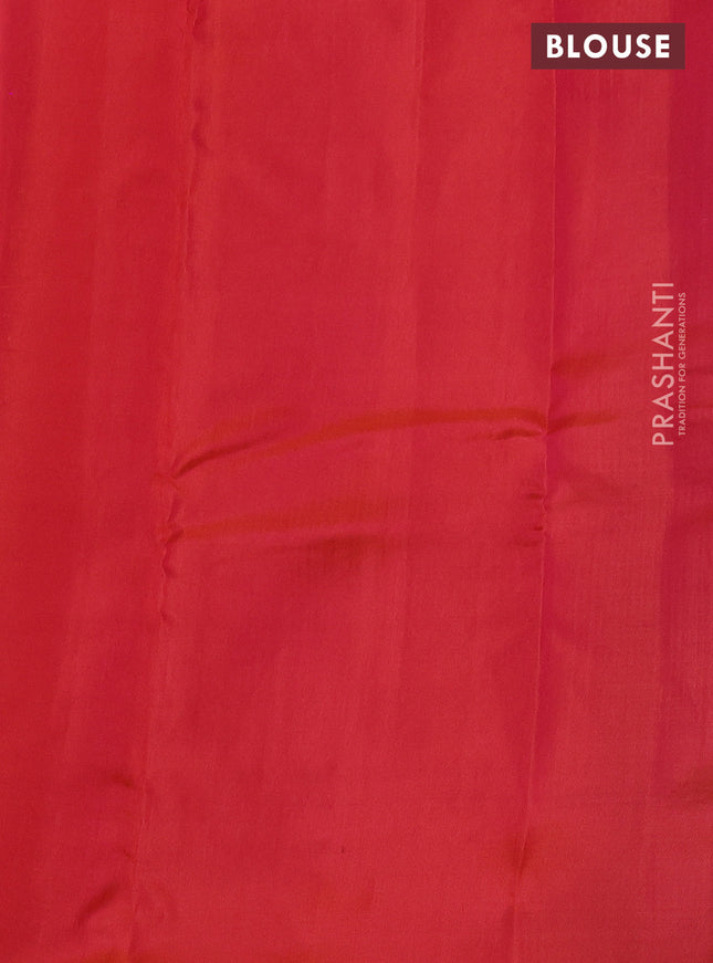 Kanchipuram silk saree bottle green and pinkish orange with copper zari woven buttas in borderless style