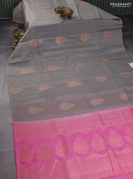 Kanchipuram silk saree grey and light pink with copper zari woven buttas in borderless style