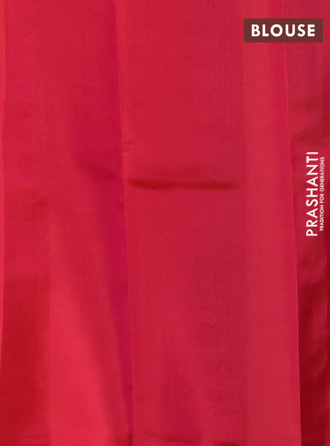 Kanchipuram silk saree teal green and pinksh orange with copper zari woven buttas in borderless style