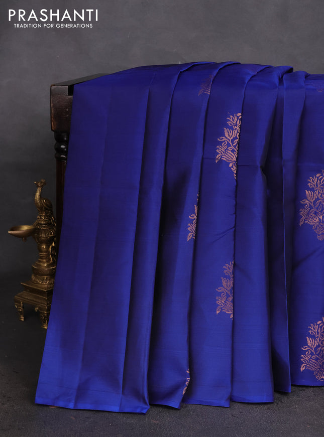 Kanchipuram silk saree blue and dark mustard with copper zari woven buttas in borderless style