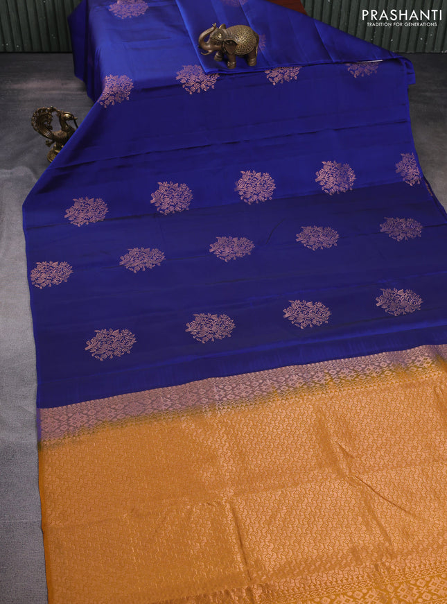 Kanchipuram silk saree blue and dark mustard with copper zari woven buttas in borderless style