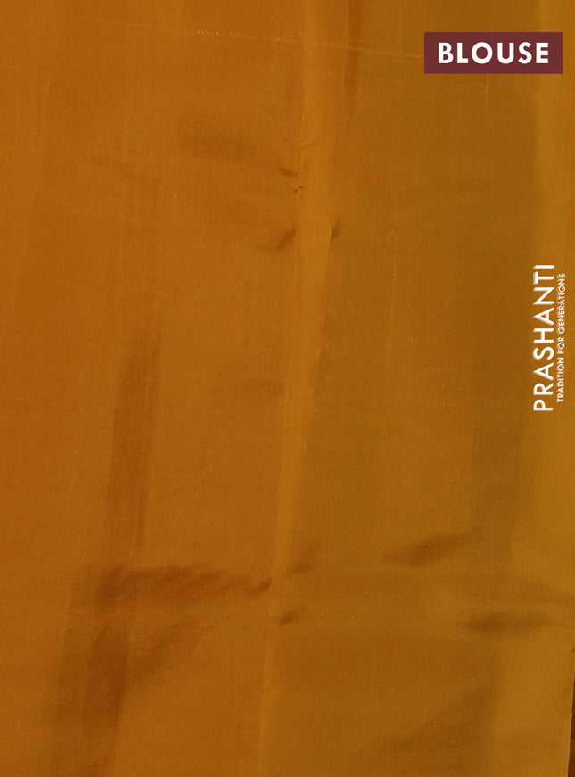 Kanchipuram silk saree blue and dark mustard with copper zari woven buttas in borderless style