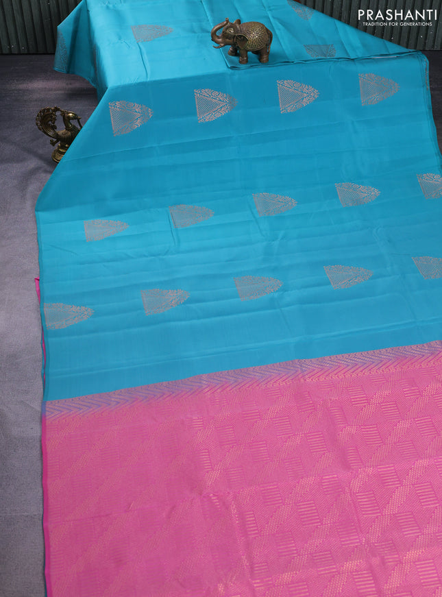 Kanchipuram silk saree teal blue and pink with copper zari woven buttas in borderless style