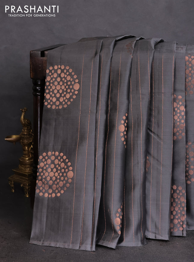 Kanchipuram silk saree grey and peach pink with allover copper zari weaves in borderless style