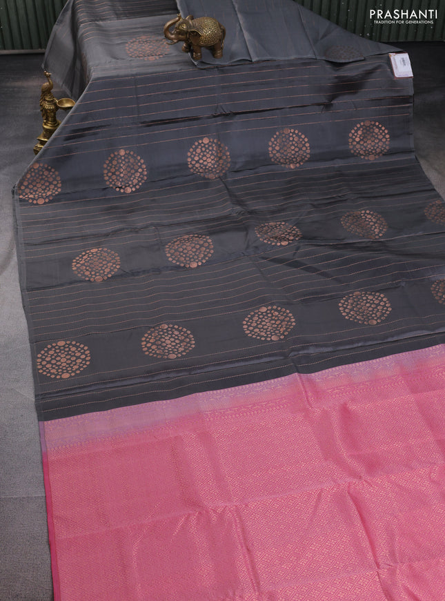 Kanchipuram silk saree grey and peach pink with allover copper zari weaves in borderless style