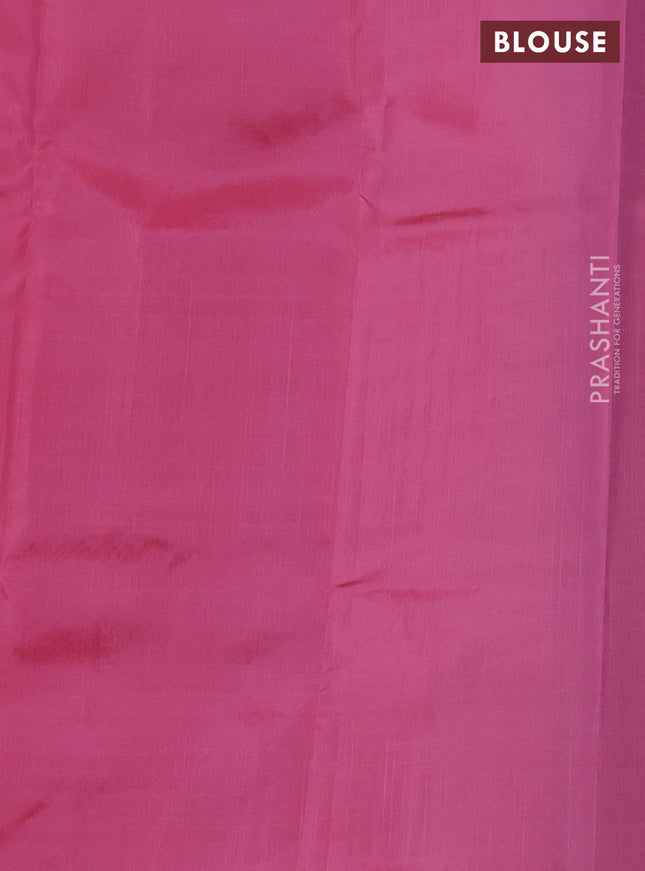 Kanchipuram silk saree grey and peach pink with allover copper zari weaves in borderless style
