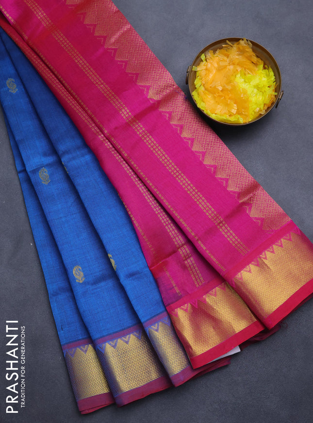 Silk cotton saree cs blue and pink with zari woven buttas and zari woven border
