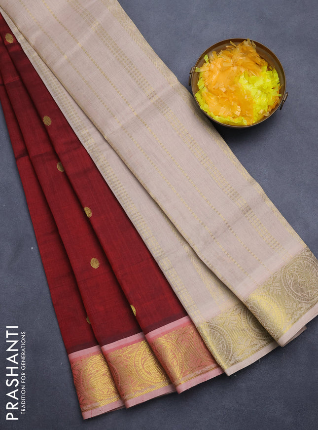 Silk cotton saree maroon and cream with zari woven buttas and annam zari woven border