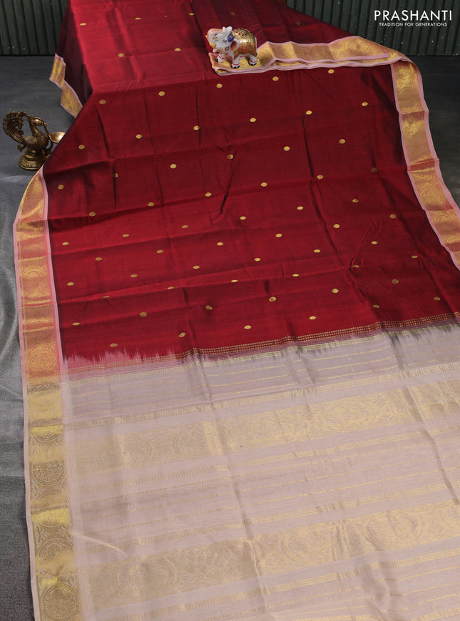Silk cotton saree maroon and cream with zari woven buttas and annam zari woven border