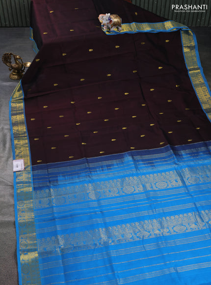 Silk cotton saree coffee brown and cs blue with zari woven buttas and annam zari woven border