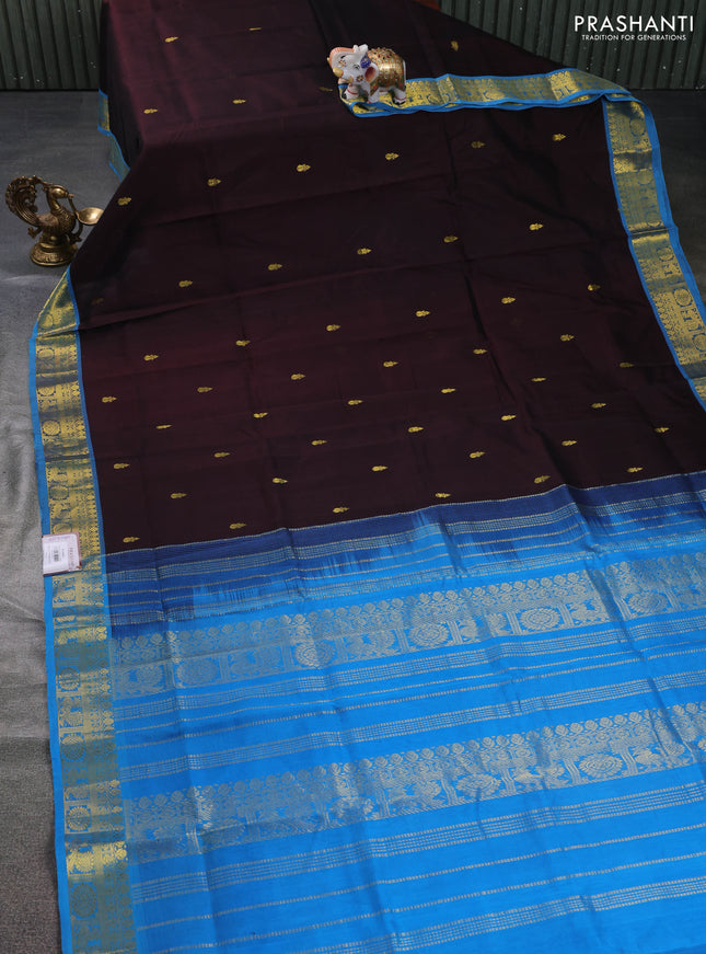 Silk cotton saree coffee brown and cs blue with zari woven buttas and annam zari woven border
