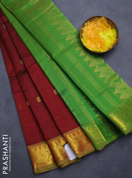 Silk cotton saree maroon and green with zari woven buttas and annam zari woven border
