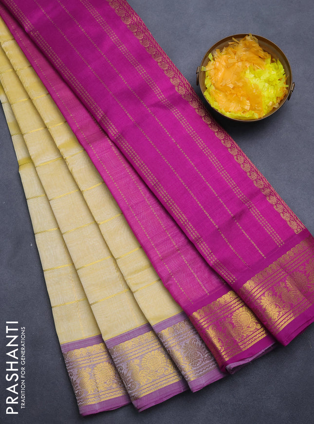 Silk cotton saree pale yellow and purple with zari checked pattern and rettapet zari woven border