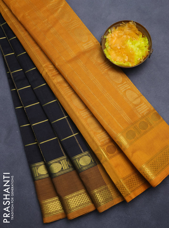 Silk cotton saree black and mustard yellow with zari checked pattern and rettapet zari woven border