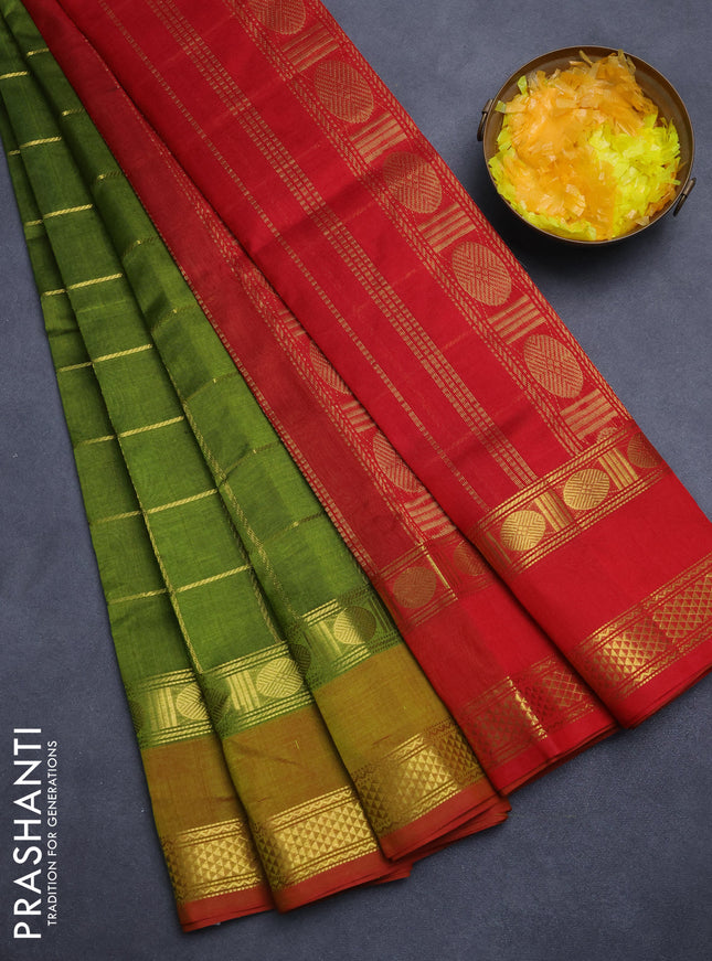 Silk cotton saree mehendi green and red with zari checked pattern and rettapet zari woven border