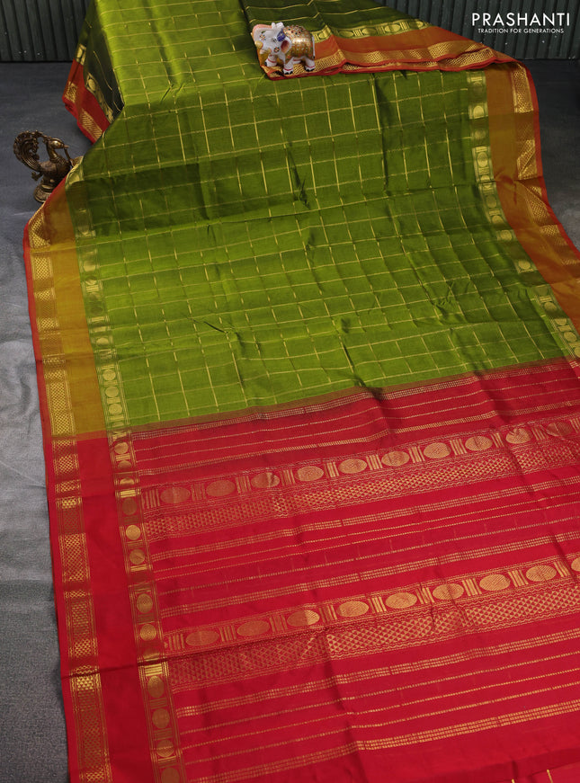 Silk cotton saree mehendi green and red with zari checked pattern and rettapet zari woven border
