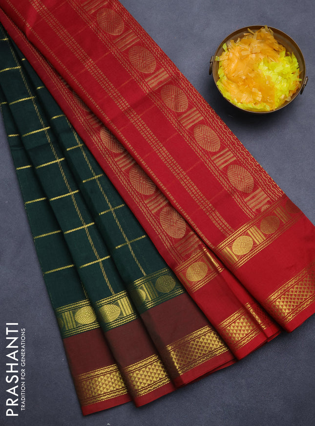 Silk cotton saree green and maroon with zari checked pattern and rettapet zari woven border