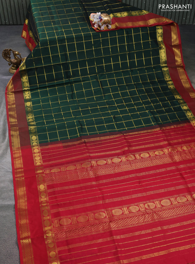 Silk cotton saree green and maroon with zari checked pattern and rettapet zari woven border