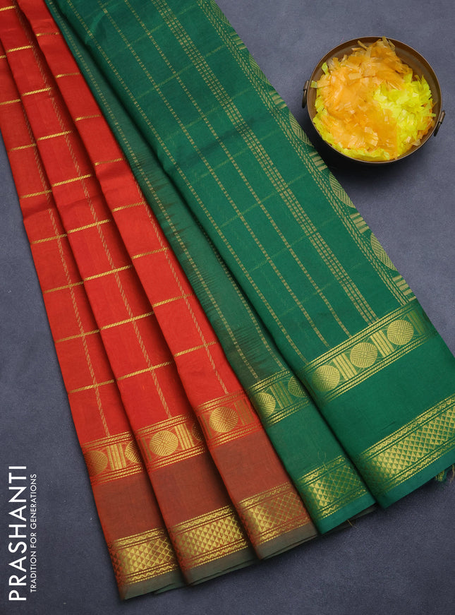 Silk cotton saree orange and green with zari checked pattern and rettapet zari woven border