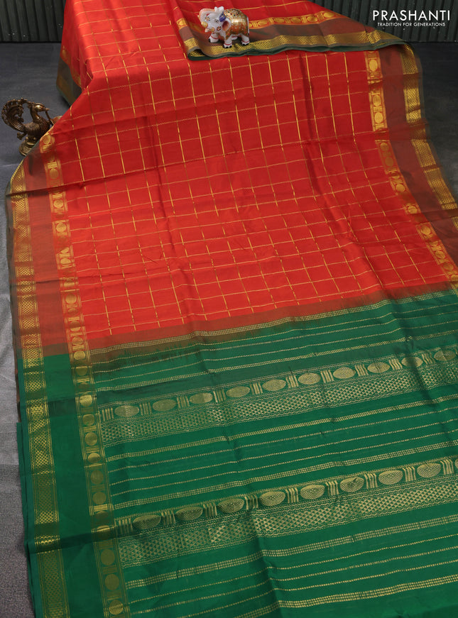 Silk cotton saree orange and green with zari checked pattern and rettapet zari woven border