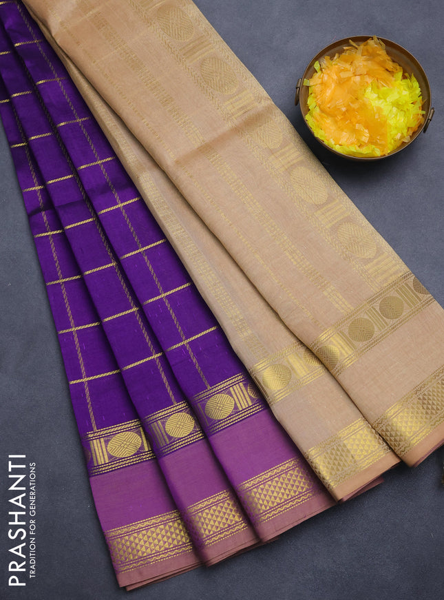 Silk cotton saree violet and sandal with zari checked pattern and rettapet zari woven border