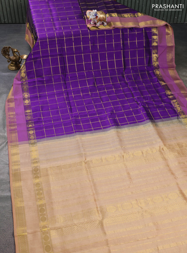 Silk cotton saree violet and sandal with zari checked pattern and rettapet zari woven border