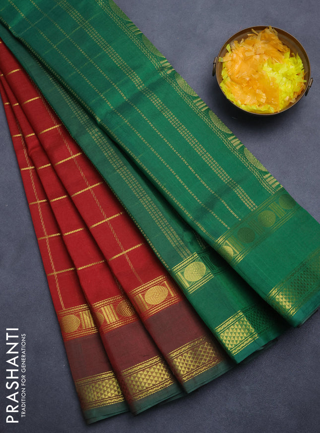 Silk cotton saree maroon and green with zari checked pattern and rettapet zari woven border