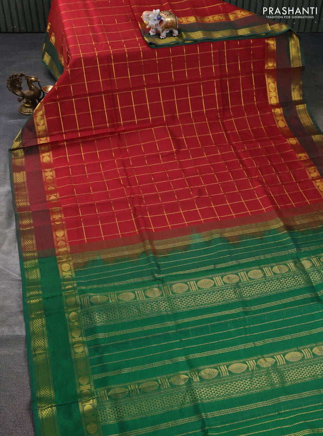 Silk cotton saree maroon and green with zari checked pattern and rettapet zari woven border