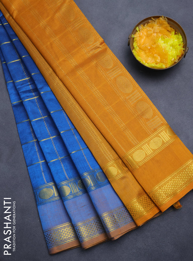 Silk cotton saree cs blue and mustard yellow with zari checked pattern and rettapet zari woven border