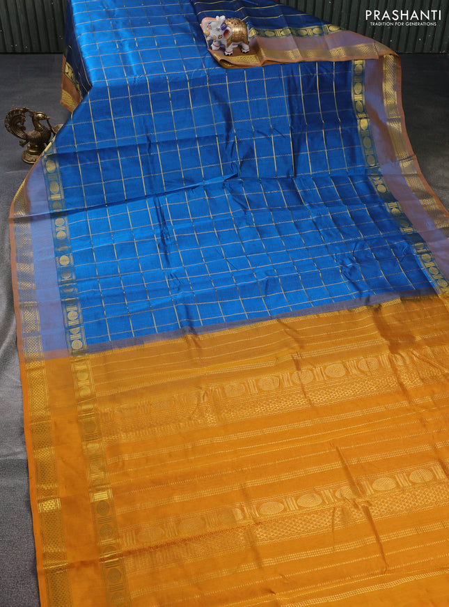 Silk cotton saree cs blue and mustard yellow with zari checked pattern and rettapet zari woven border
