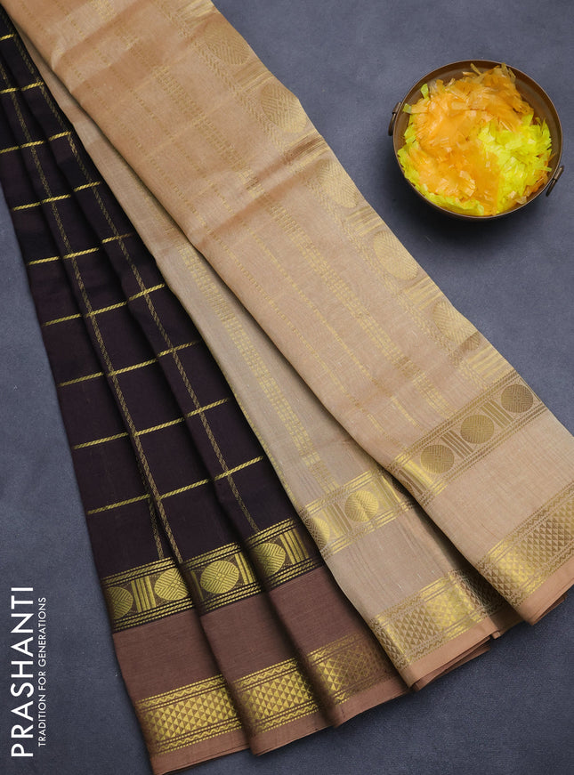 Silk cotton saree coffee brown and sandal with zari checked pattern and rettapet zari woven border