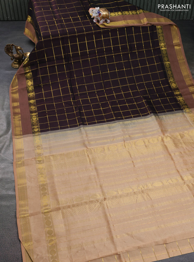 Silk cotton saree coffee brown and sandal with zari checked pattern and rettapet zari woven border