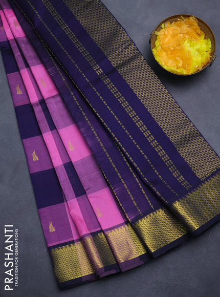 Silk cotton saree light pink and navy blue with allover paalum pazham checks & temple zari buttas and zari woven border