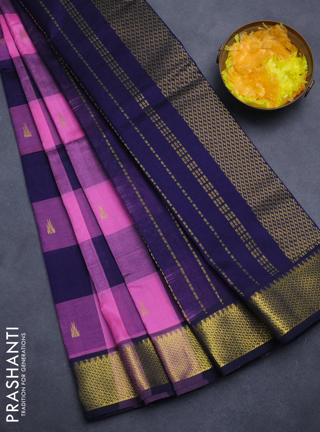 Silk cotton saree light pink and navy blue with allover paalum pazham checks & temple zari buttas and zari woven border