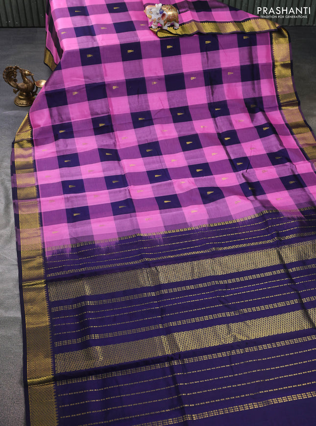 Silk cotton saree light pink and navy blue with allover paalum pazham checks & temple zari buttas and zari woven border